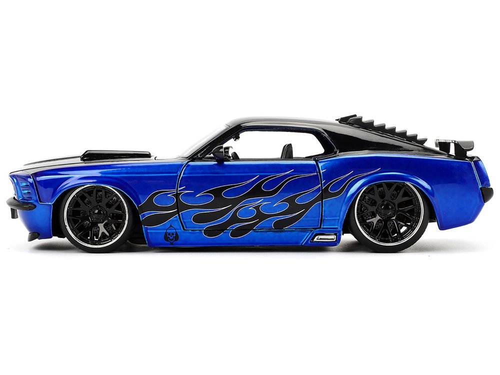 1970 Ford Mustang Boss 429 Black and Blue Metallic with Flames "Bigtime Muscle" Series 1/24 Diecast Model Car by Jada view 3