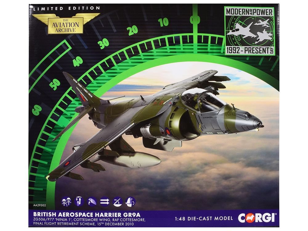 British Aerospace Harrier GR9A Aircraft "ZG506/P77 Ninja 1 RAF Cottesmore Final Flight Retirement Scheme" (2010) Royal Air Force "The Aviation Archive" Series 1/48 Diecast Model by Corgi view 3