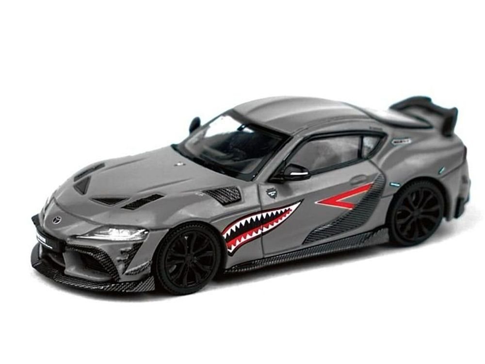 Toyota Supra "DarwinPro 66G NWB" Gray Metallic with Shark Mouth Graphics 1/64 Diecast Model Car by Pop Race view 2