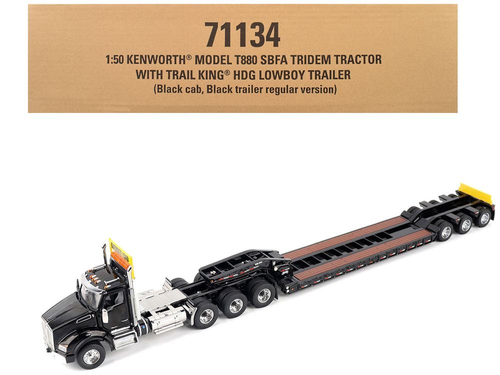 Kenworth T880 SBFA Tridem Truck with Trail King HDG Lowboy Trailer Black "Transport Series" 1/50 Diecast Model by Diecast Masters