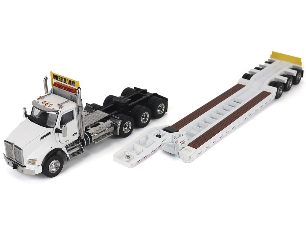 Kenworth T880 SBFA Tridem Truck with Trail King HDG Lowboy Trailer White "Transport Series" 1/50 Diecast Model by Diecast Masters view 2