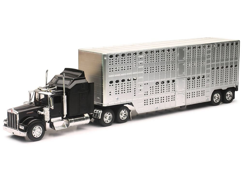 Kenworth W900 Truck Black with Pot Belly Livestock Chrome "Long Haul Truckers" Series 1/32 Diecast Model by New Ray view 2