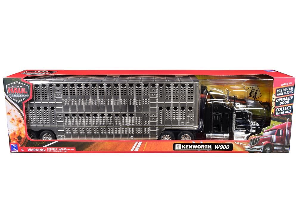 Kenworth W900 Truck Black with Pot Belly Livestock Chrome "Long Haul Truckers" Series 1/32 Diecast Model by New Ray view 3