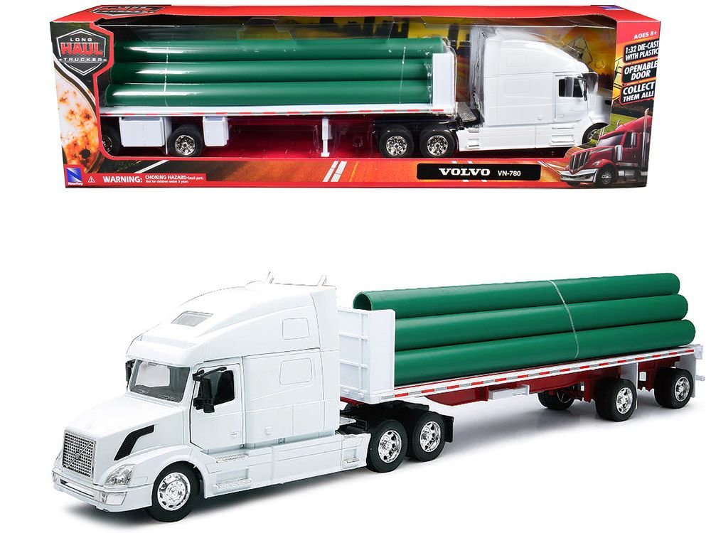Volvo VN-780 Truck with Flatbed Trailer and Long Pipes White "Long Haul Truckers" Series 1/32 Diecast Model by New Ray