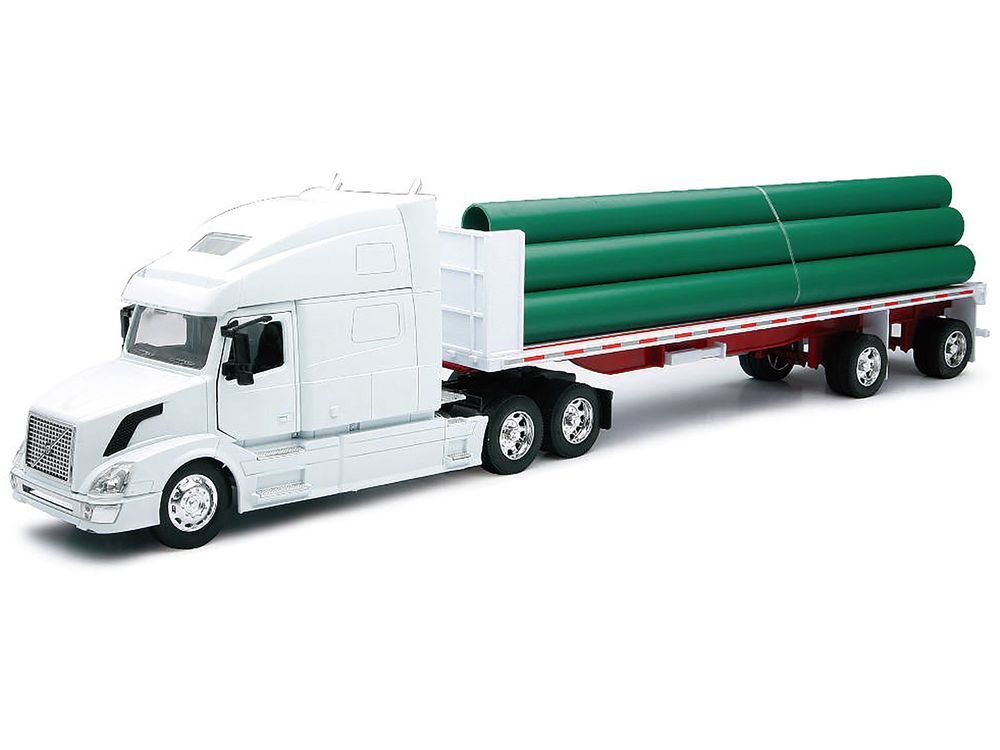 Volvo VN-780 Truck with Flatbed Trailer and Long Pipes White "Long Haul Truckers" Series 1/32 Diecast Model by New Ray view 2