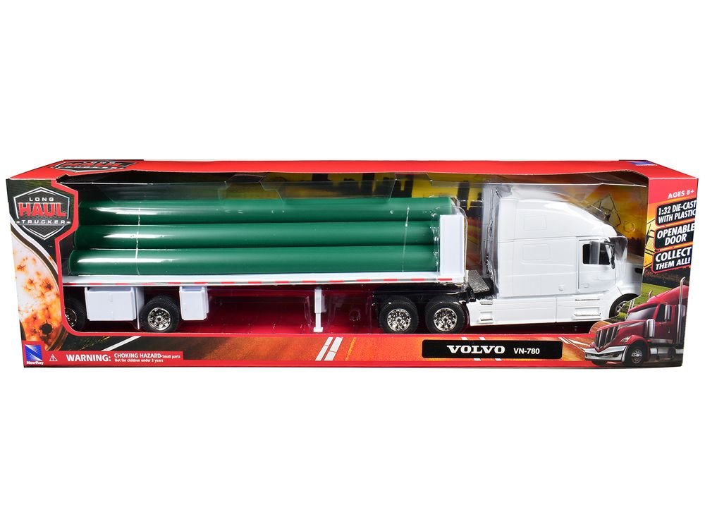 Volvo VN-780 Truck with Flatbed Trailer and Long Pipes White "Long Haul Truckers" Series 1/32 Diecast Model by New Ray view 3