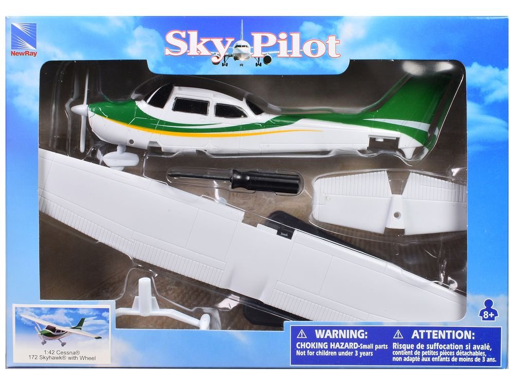 Model Kit Cessna 172 Skyhawk Aircraft White with Green and Yellow Stripes "Sky Pilot" Series 1/42 Plastic Model Kit by New Ray view 3