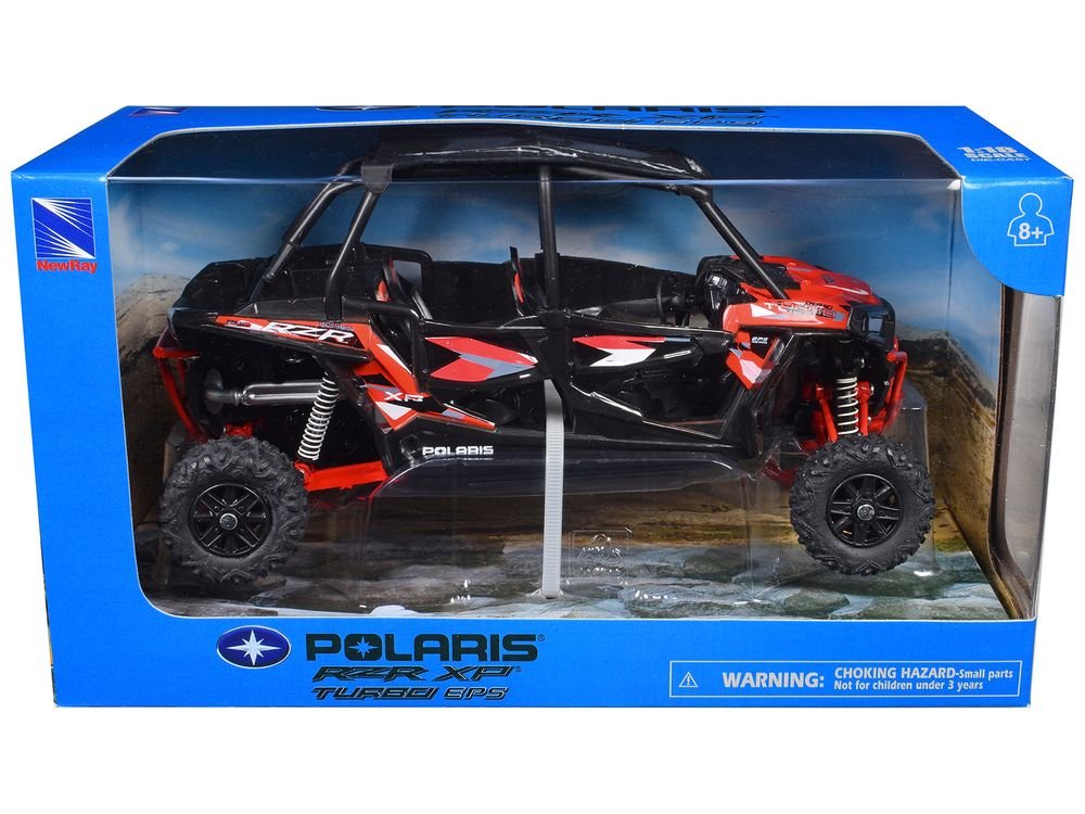 Polaris RZR XP 4 Turbo EPS Sport UTV Spectra Orange with Graphics and Black Top 1/18 Diecast Model by New Ray view 3