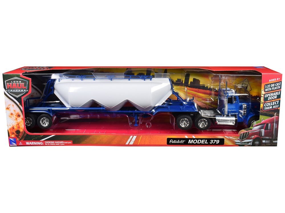 Peterbilt 379 Truck Blue with Pneumatic Tanker Trailer White "Long Haul Truckers" Series 1/32 Diecast Model by New Ray view 3