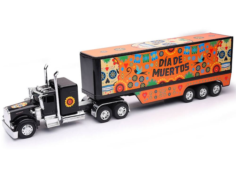Kenworth W900 Truck Black with Graphics and Dry Van Trailer "Dia De Muertos" 1/32 Diecast Model by New Ray view 2