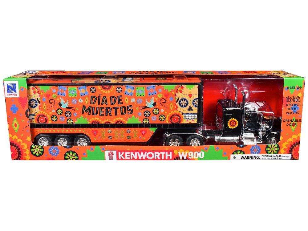 Kenworth W900 Truck Black with Graphics and Dry Van Trailer "Dia De Muertos" 1/32 Diecast Model by New Ray view 3