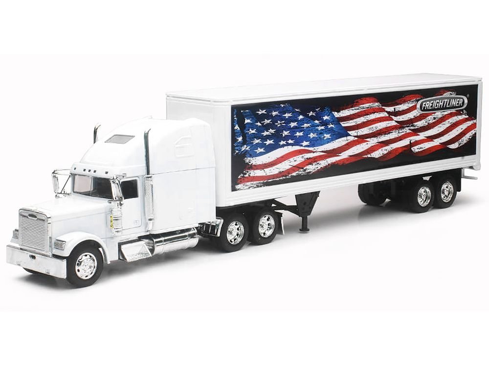 Freightliner Classic XL Truck White with Dry Van Trailer White with Patriotic Graphic "Long Haul Truckers" Series 1/32 Diecast Model by New Ray view 2