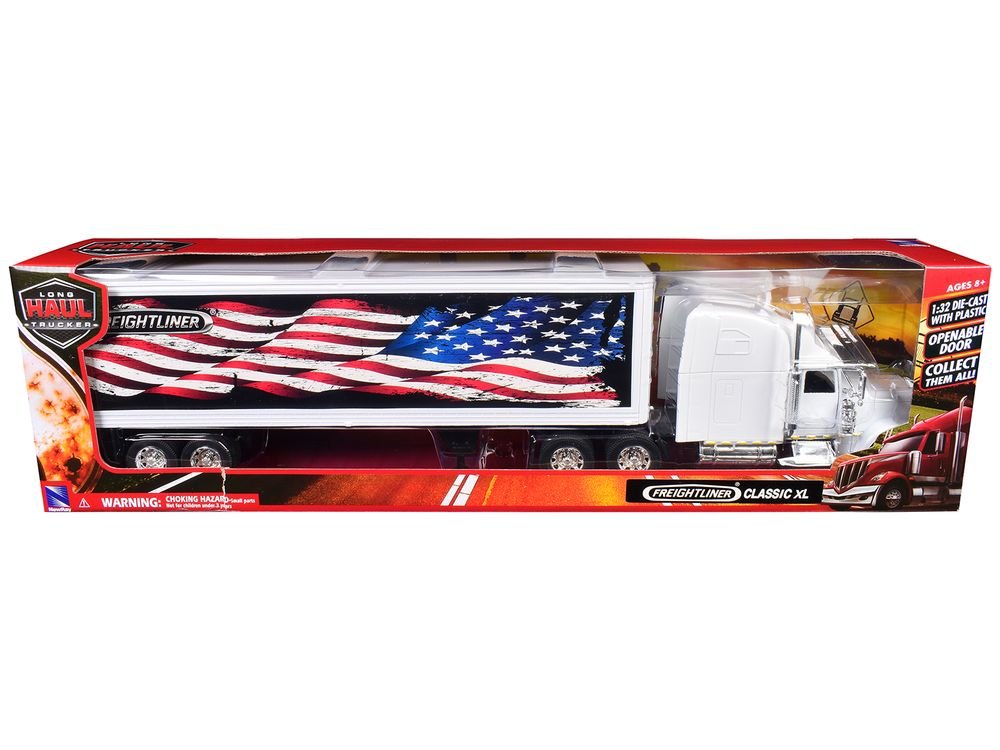 Freightliner Classic XL Truck White with Dry Van Trailer White with Patriotic Graphic "Long Haul Truckers" Series 1/32 Diecast Model by New Ray view 3