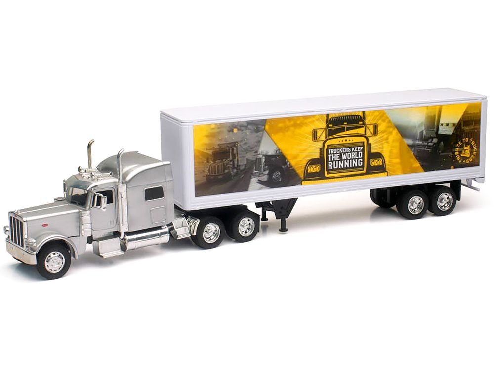 Peterbilt 389 Truck Silver Metallic with Dry Van Trailer "Trucker Keep The World Running" "Long Haul Truckers" Series 1/32 Diecast Model by New Ray view 2