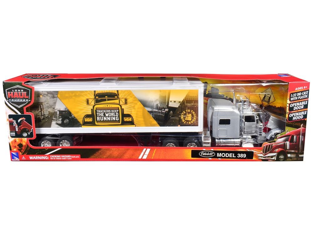 Peterbilt 389 Truck Silver Metallic with Dry Van Trailer "Trucker Keep The World Running" "Long Haul Truckers" Series 1/32 Diecast Model by New Ray view 3