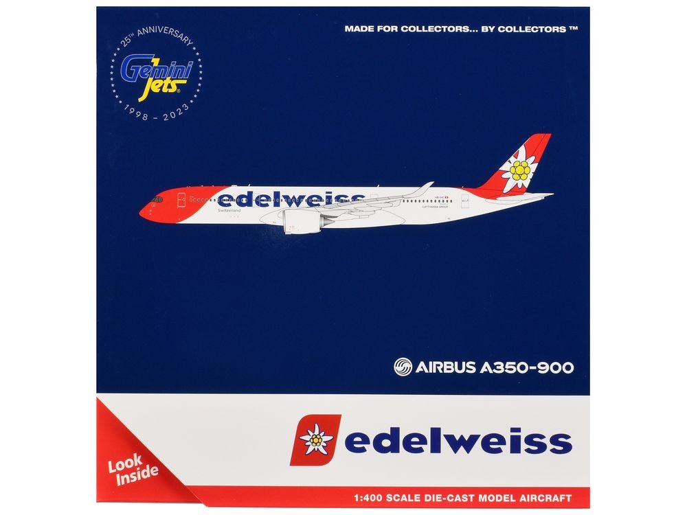 Airbus A350-900 Commercial Aircraft with Flaps Down Configuration "Edelweiss Air" (HB-IHC) White with Red Tail 1/400 Diecast Model Airplane by GeminiJets view 3