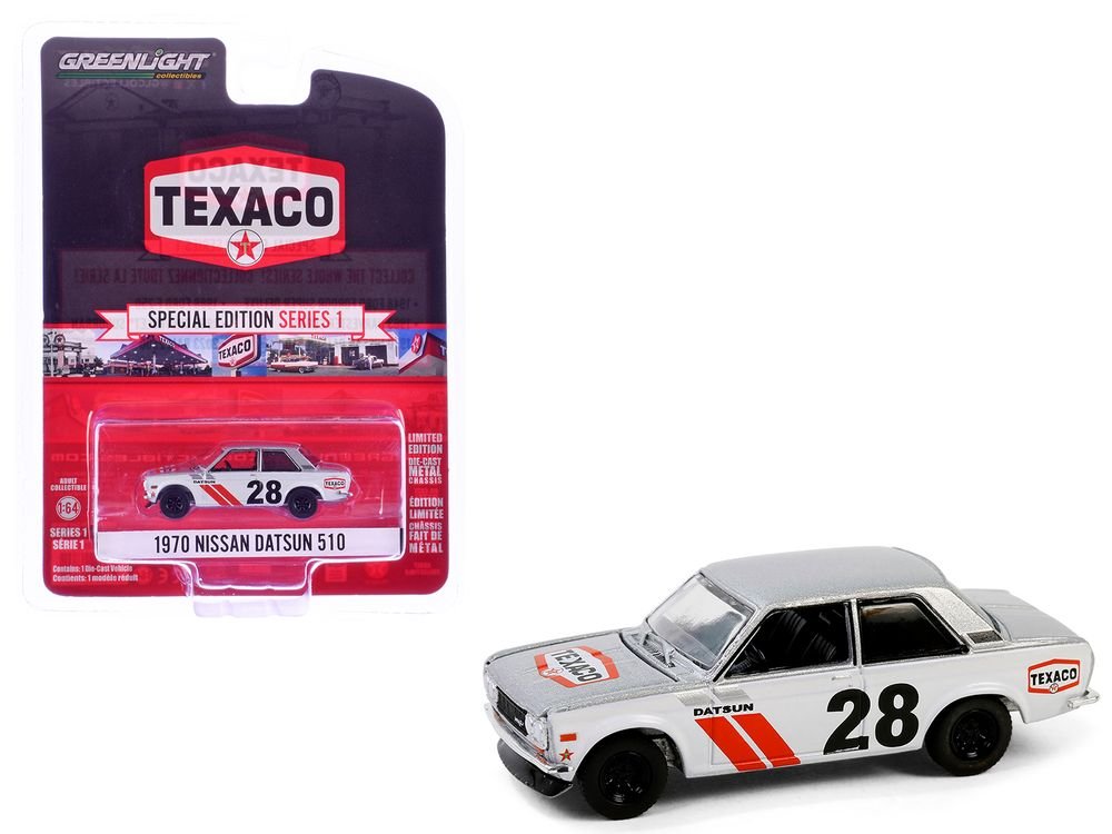 1970 Nissan Datsun 510 #28 "Texaco" Silver Metallic and White with Red Stripes "Texaco Special Edition" Series 1 1/64 Diecast Model Car by Greenlight