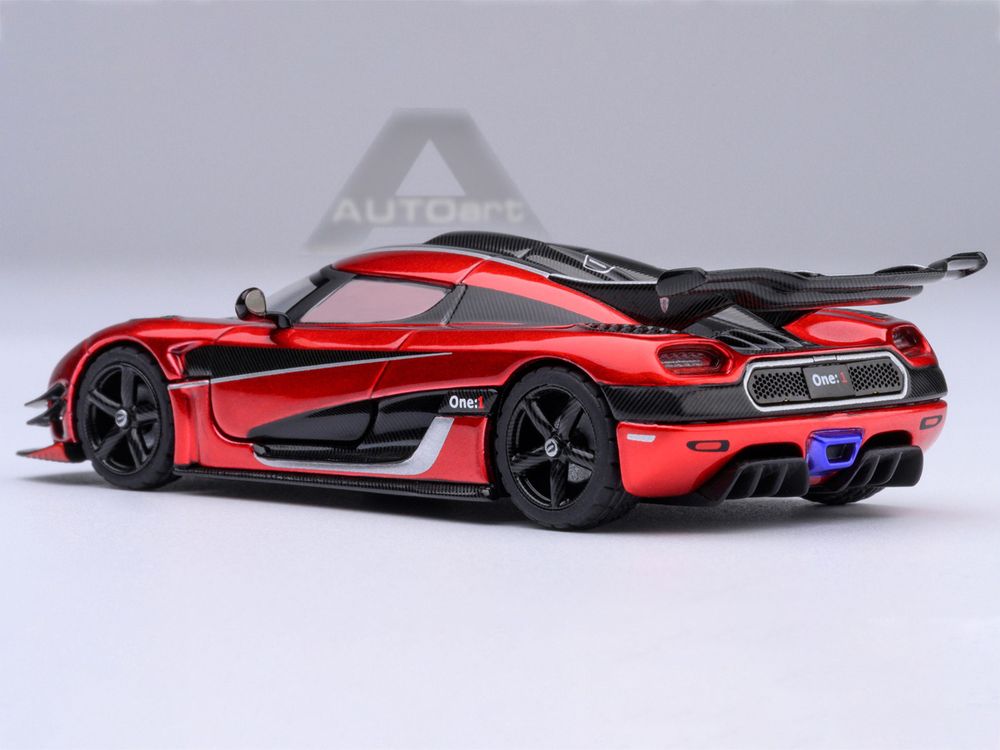 Koenigsegg One:1 Apple Red Metallic with Carbon and Silver Stripes 1/64 Model Car by Autoart view 3