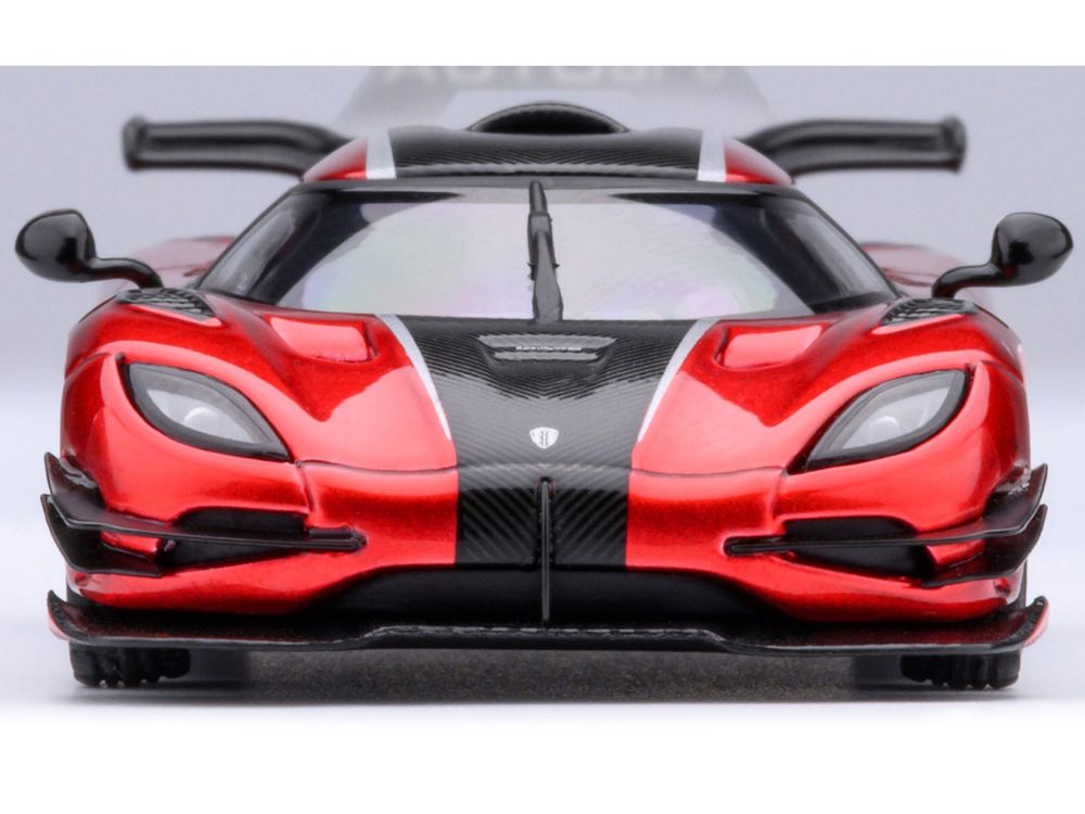 Koenigsegg One:1 Apple Red Metallic with Carbon and Silver Stripes 1/64 Model Car by Autoart view 4