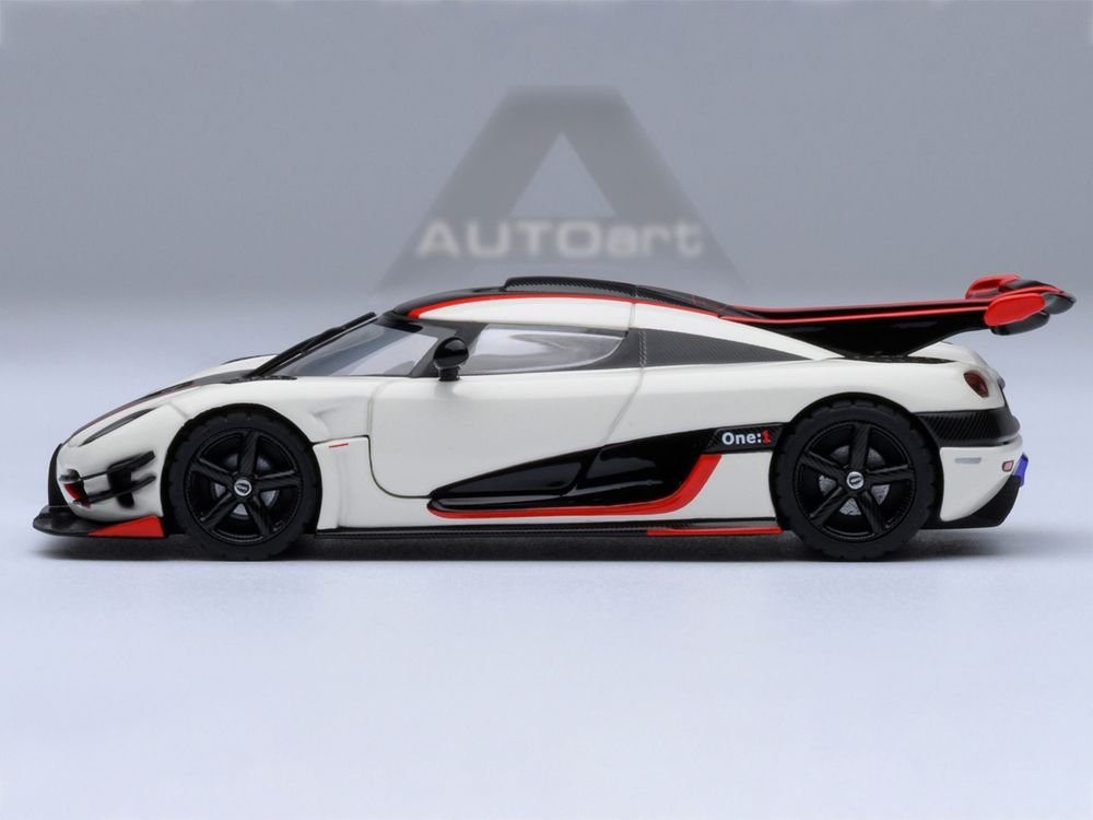 Koenigsegg One:1 Pebble White with Carbon and Red Stripes 1/64 Model Car by Autoart view 2