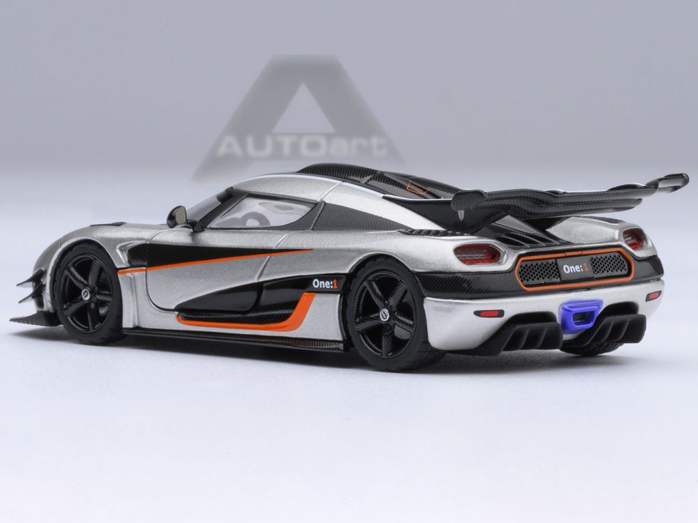 Koenigsegg One:1 Moon Gray Metallic with Carbon and Orange Stripes 1/64 Model Car by Autoart view 3