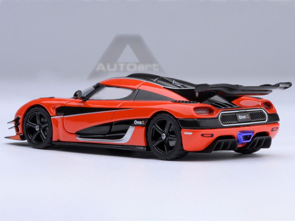 Koenigsegg One:1 Lava Orange with Carbon and Silver Stripes 1/64 Model Car by Autoart view 3