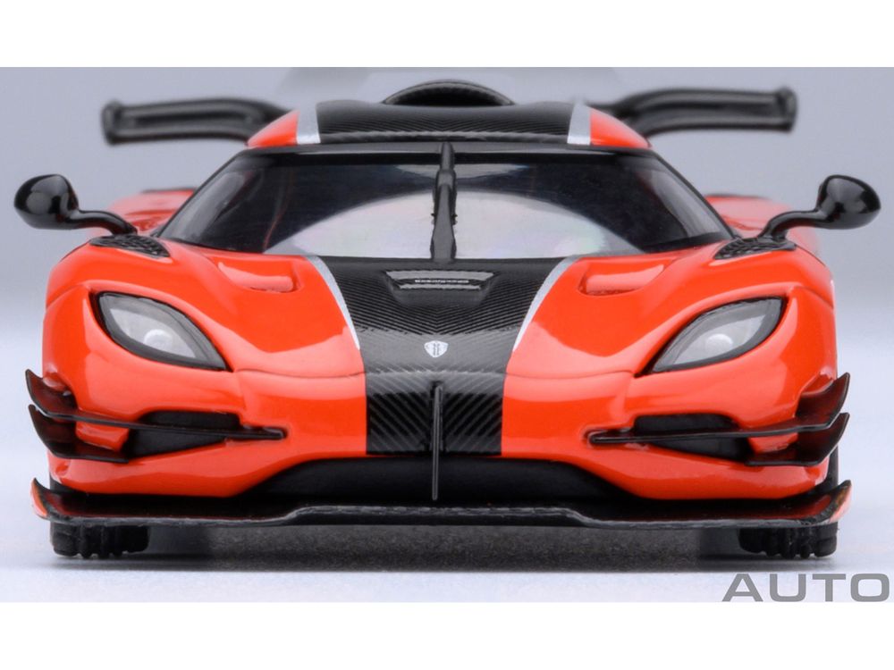 Koenigsegg One:1 Lava Orange with Carbon and Silver Stripes 1/64 Model Car by Autoart view 4