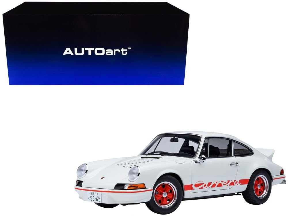 Porsche 911 Carrera 2.7 RS "The Circuit Wolf" White with Red Stripes and Wheels with Hood Graphics 1/18 Model Car by Autoart
