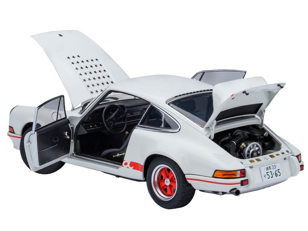 Porsche 911 Carrera 2.7 RS "The Circuit Wolf" White with Red Stripes and Wheels with Hood Graphics 1/18 Model Car by Autoart view 2