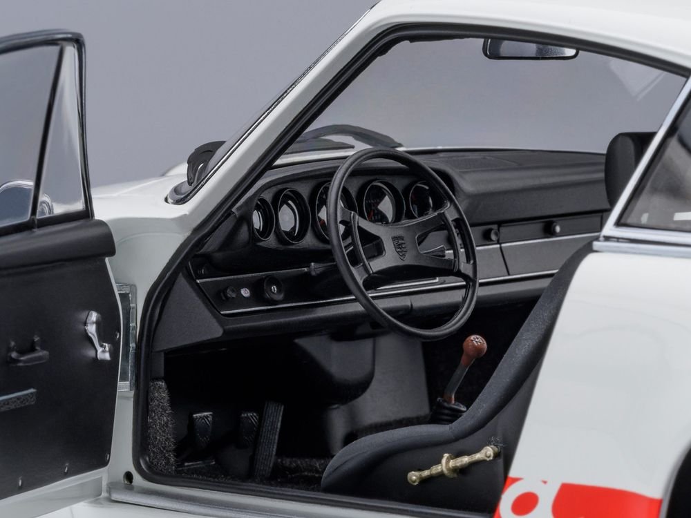 Porsche 911 Carrera 2.7 RS "The Circuit Wolf" White with Red Stripes and Wheels with Hood Graphics 1/18 Model Car by Autoart view 3
