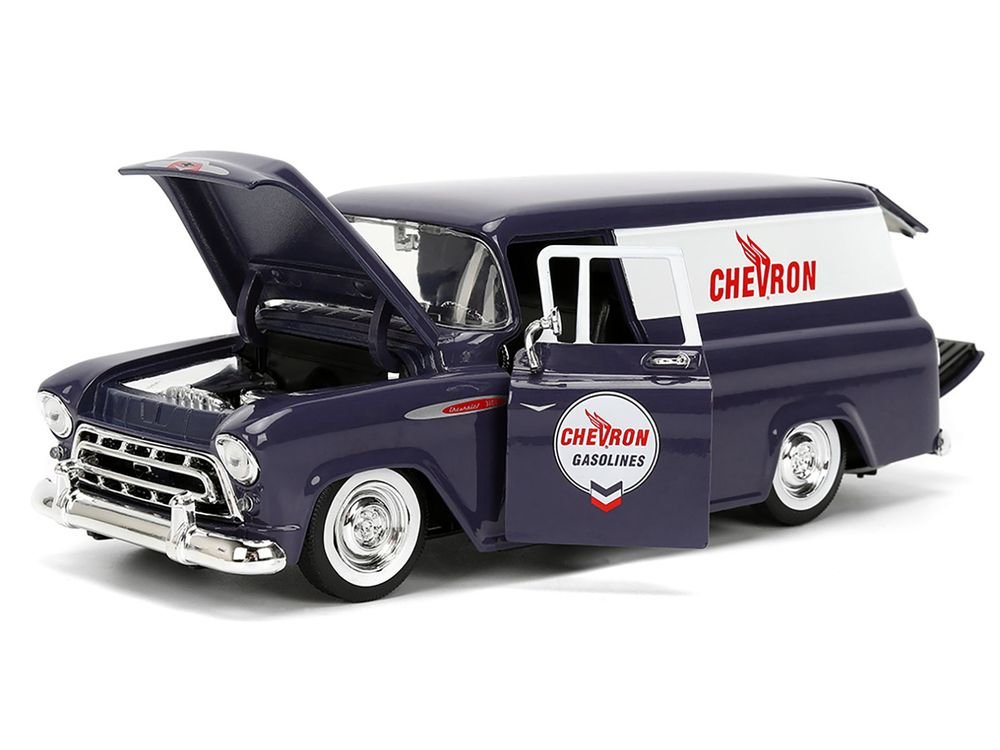 1957 Chevrolet Suburban "Chevron" Dark Blue with White Stripes and Chevron Gas Pump "Just Trucks" Series 1/24 Diecast Model Car by Jada view 2