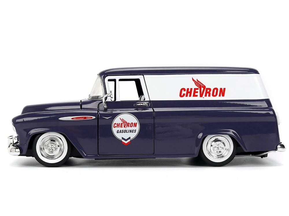 1957 Chevrolet Suburban "Chevron" Dark Blue with White Stripes and Chevron Gas Pump "Just Trucks" Series 1/24 Diecast Model Car by Jada view 3