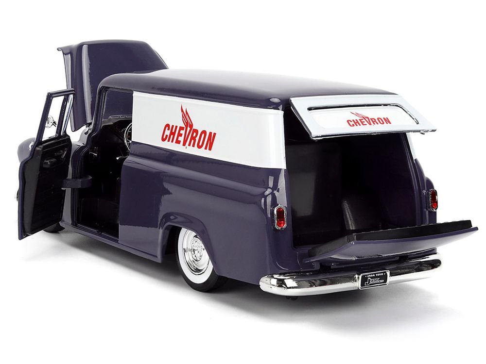 1957 Chevrolet Suburban "Chevron" Dark Blue with White Stripes and Chevron Gas Pump "Just Trucks" Series 1/24 Diecast Model Car by Jada view 4