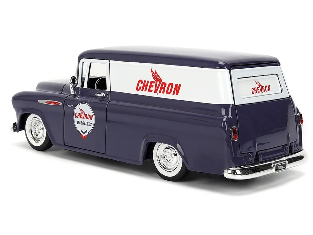 1957 Chevrolet Suburban "Chevron" Dark Blue with White Stripes and Chevron Gas Pump "Just Trucks" Series 1/24 Diecast Model Car by Jada view 5