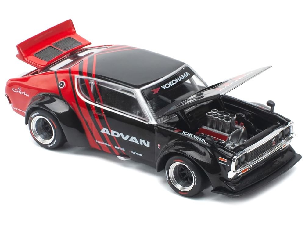 Skyline KPGC110 "Kenmeri" RHD (Right Hand Drive) "ADVAN" Black and Red 1/64 Diecast Model Car by Pop Race view 2