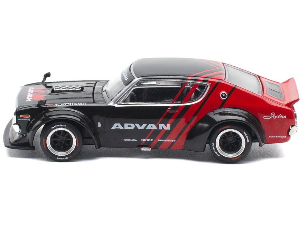 Skyline KPGC110 "Kenmeri" RHD (Right Hand Drive) "ADVAN" Black and Red 1/64 Diecast Model Car by Pop Race view 3