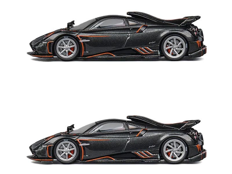 Pagani Imola Dark Gray Metallic with Carbon and Orange Accents with Extra Wheels 1/64 Diecast Model Car by CM Model view 2