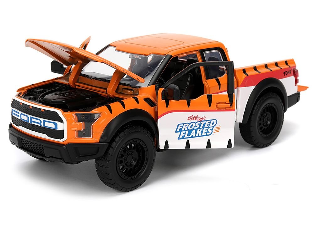 2017 Ford F-150 Raptor Pickup Truck "Frosted Flakes" Orange with Graphics and Tony the Tiger Diecast Figure "Hollywood Rides" Series 1/24 Diecast Model Car by Jada view 2