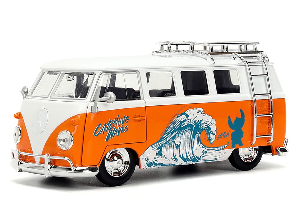1961 Volkswagen Bus "Catching Waves" White and Orange with Stich Diecast Figure "Disney's Stitch" "Hollywood Rides" Series 1/24 Diecast Model by Jada view 2
