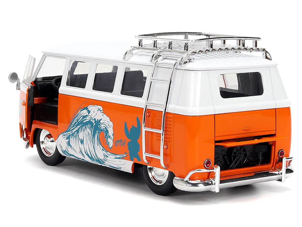 1961 Volkswagen Bus "Catching Waves" White and Orange with Stich Diecast Figure "Disney's Stitch" "Hollywood Rides" Series 1/24 Diecast Model by Jada view 3