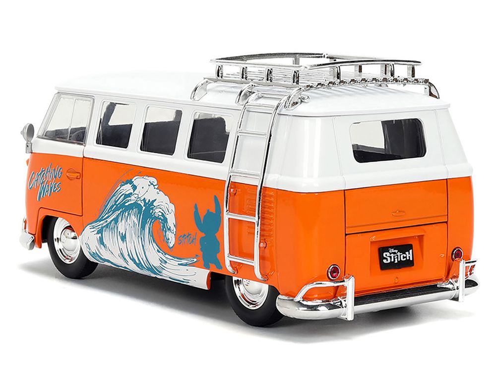 1961 Volkswagen Bus "Catching Waves" White and Orange with Stich Diecast Figure "Disney's Stitch" "Hollywood Rides" Series 1/24 Diecast Model by Jada view 4