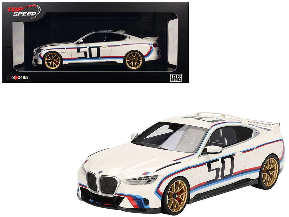 BMW M4 3.0 CSL #50 White with Blue and Red Stripes 1/18 Model Car by Top Speed