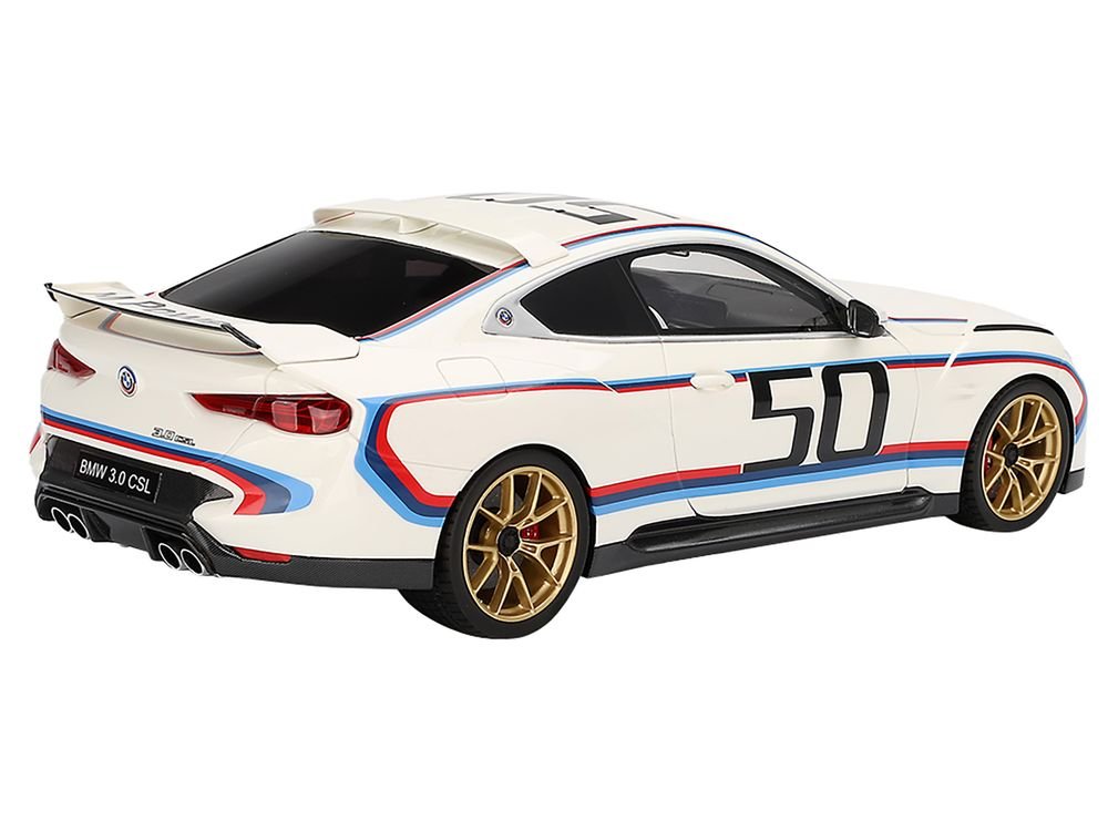 BMW M4 3.0 CSL #50 White with Blue and Red Stripes 1/18 Model Car by Top Speed view 4
