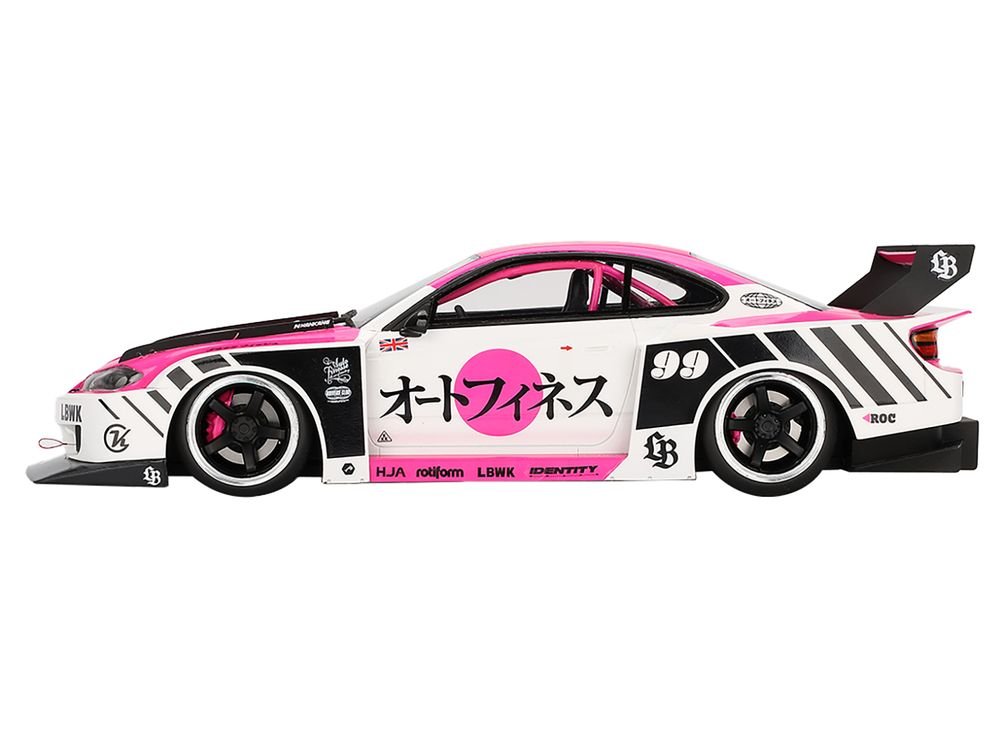 Nissan "LB-Super Silhouette" S15 SILVIA RHD (Right Hand Drive) #99 "Auto Finesse - SEMA 2023" White and Pink 1/18 Model Car by Top Speed view 3