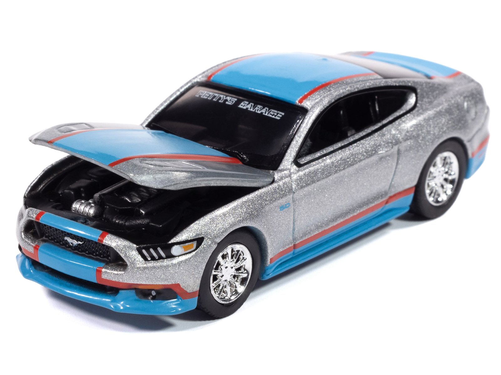 2017 Ford Mustang GT Tribute Edition "Petty's Garage" Ingot Silver Metallic with Petty Blue and Red Stripes "Modern Muscle" Series 1/64 Diecast Model Car by Auto World view 3