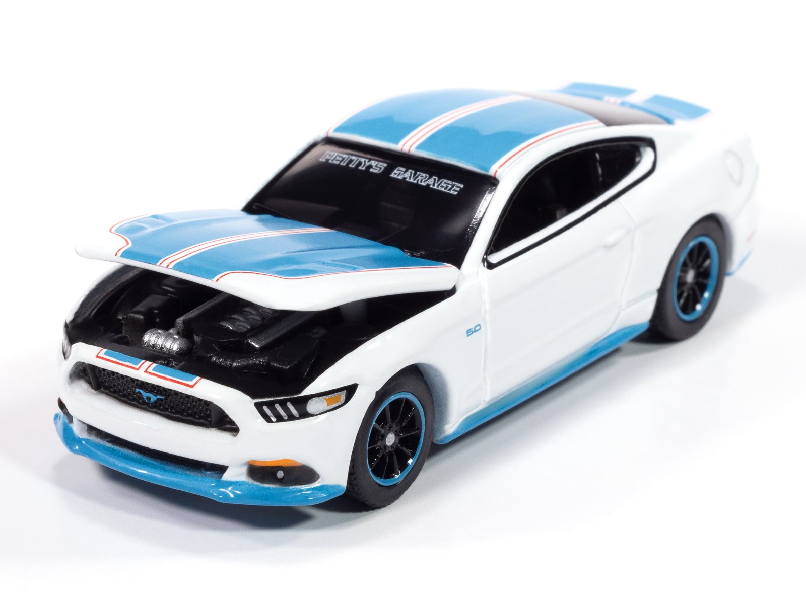 2016 Ford Mustang GT King Premier Edition "Petty's Garage" Oxford White with Petty Blue Stripes "Modern Muscle" Series 1/64 Diecast Model Car by Auto World view 3