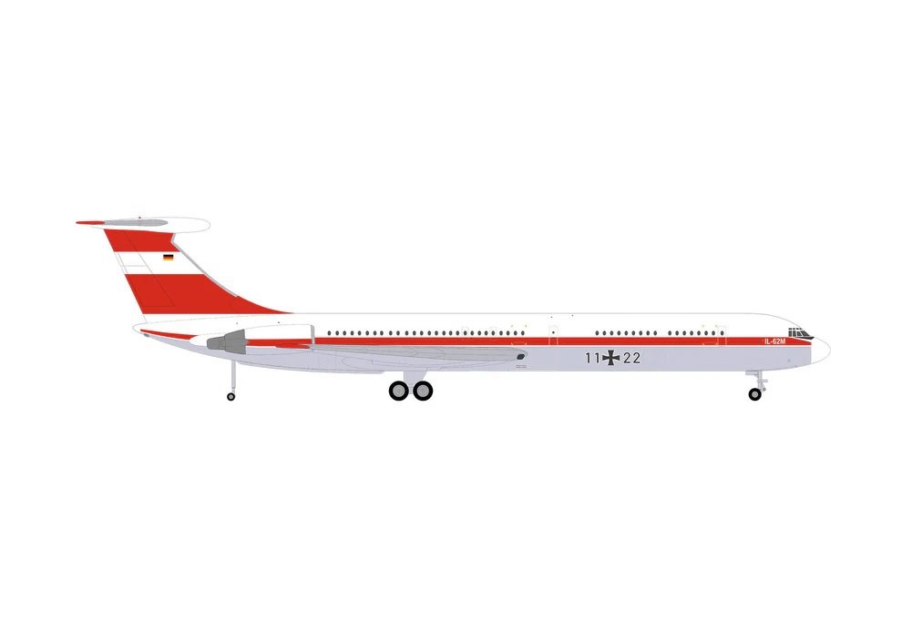 Ilyushin IL-62M Commercial Aircraft "German Luftwaffe" (11+22) White with Red Stripes 1/200 Diecast Model Airplane by Herpa view 2