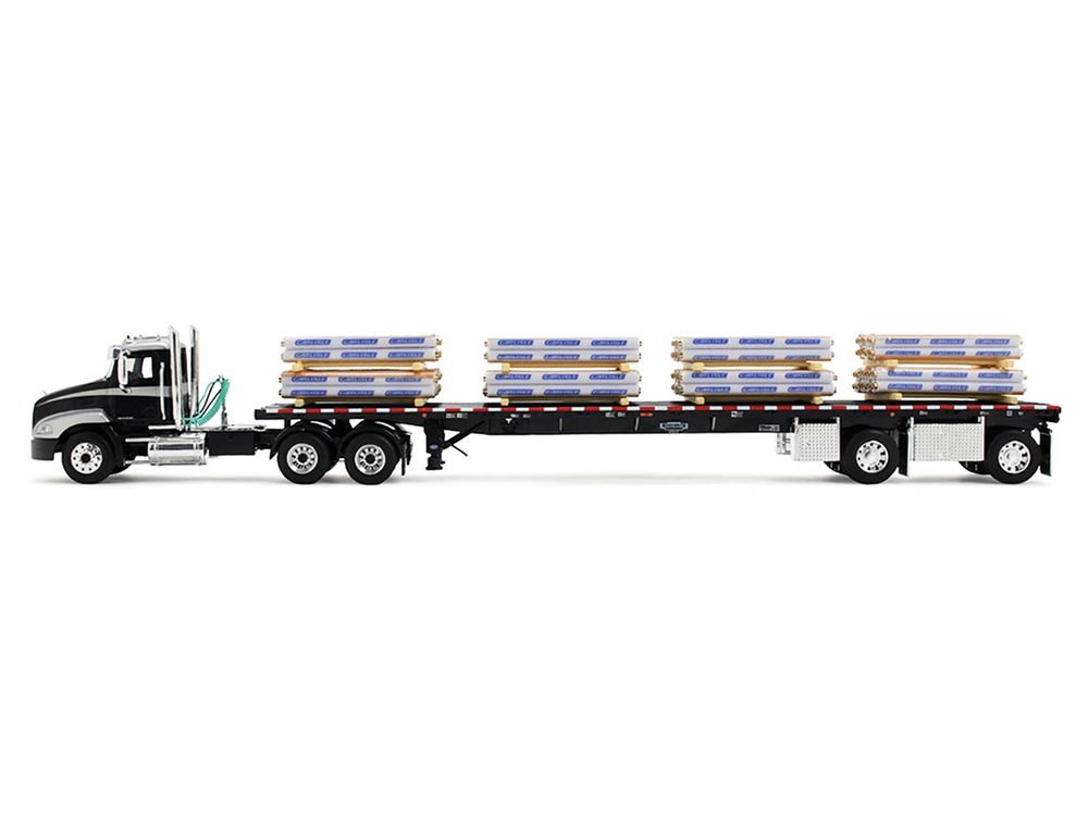 Mack Pinnacle Day Cab with Minimizer Parts & 53' Wilson Roadbrute Flatbed Trailer with "Carlisle Roofing" Loaded Pallets Black with Silver Top and Stripes 1/64 Diecast Model by DCP/First Gear view 2