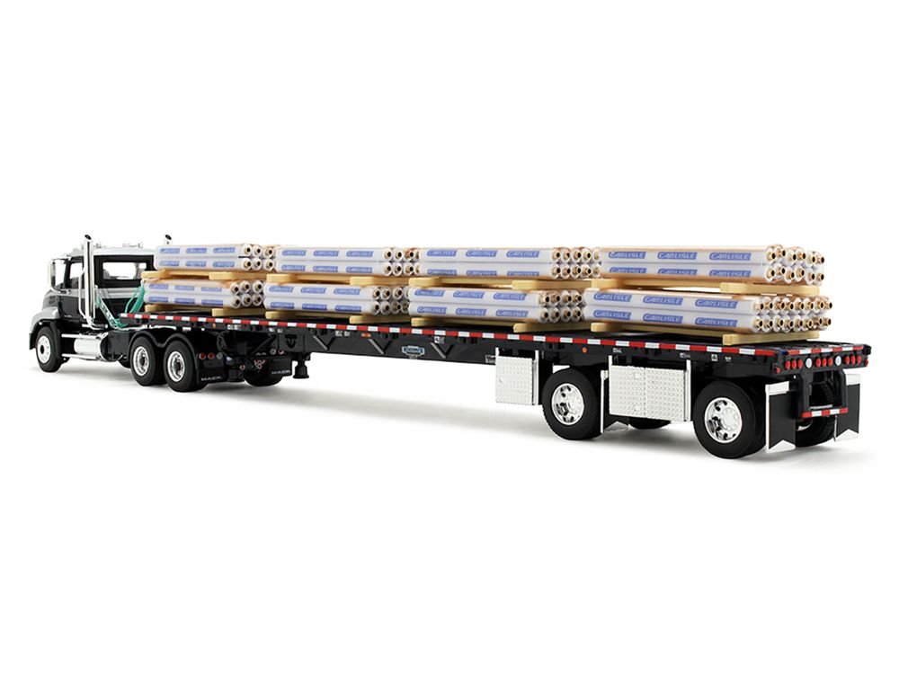 Mack Pinnacle Day Cab with Minimizer Parts & 53' Wilson Roadbrute Flatbed Trailer with "Carlisle Roofing" Loaded Pallets Black with Silver Top and Stripes 1/64 Diecast Model by DCP/First Gear view 3