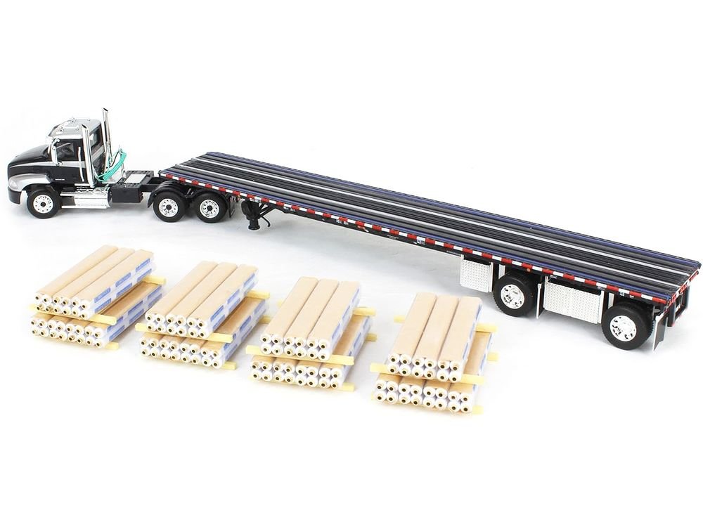Mack Pinnacle Day Cab with Minimizer Parts & 53' Wilson Roadbrute Flatbed Trailer with "Carlisle Roofing" Loaded Pallets Black with Silver Top and Stripes 1/64 Diecast Model by DCP/First Gear view 4